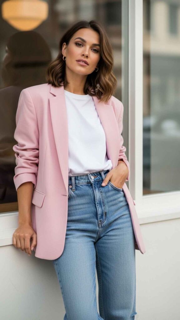 Soft Pink Blazer with Stone-Wash Straight-Leg Jeans