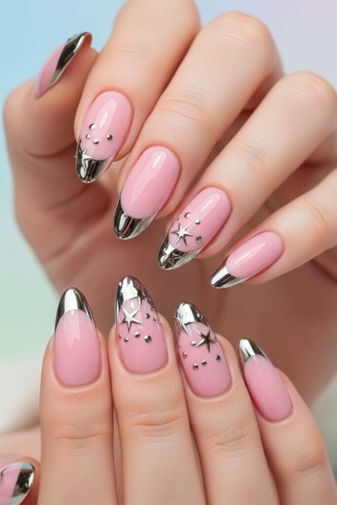 Soft Pink Nails with Star-Stamped Chrome Tips