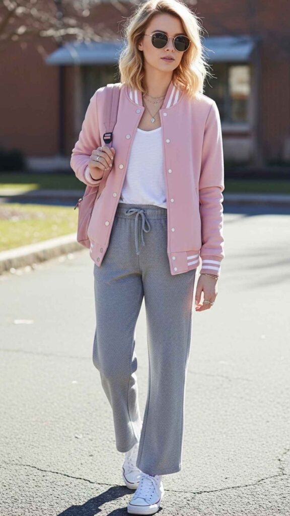 Soft Pink Varsity Jacket with Grey Straight-Leg Sweats and White Sneakers