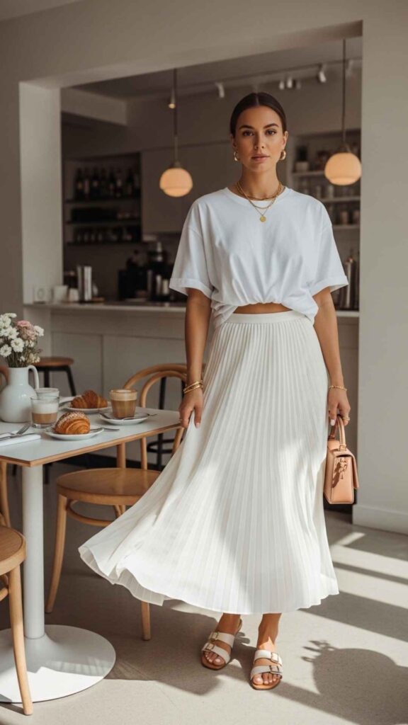 Soft Pleated Midi Skirt with a Tucked Oversized Tee