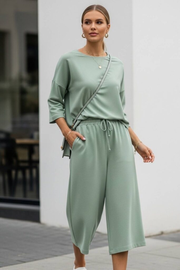 Soft Sage Green Matching Set with Minimalist White Sneakers