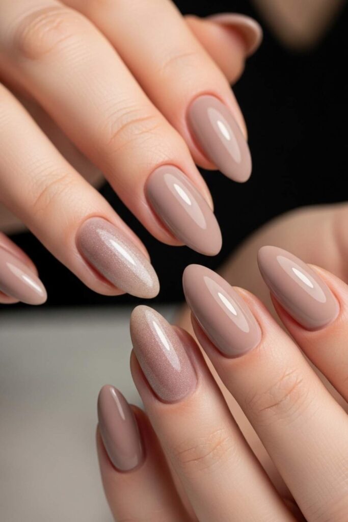 Soft Taupe Almond Nails with Subtle Shimmer Wash