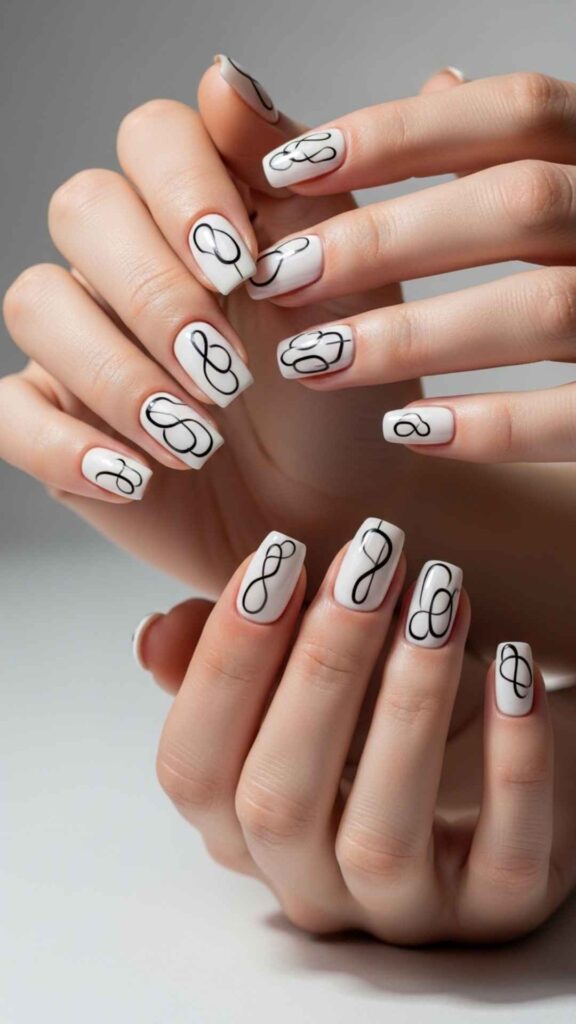 Soft White Nails with Abstract Black Line Art