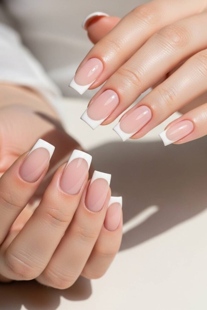 Square Nails with Classic Bright-White French