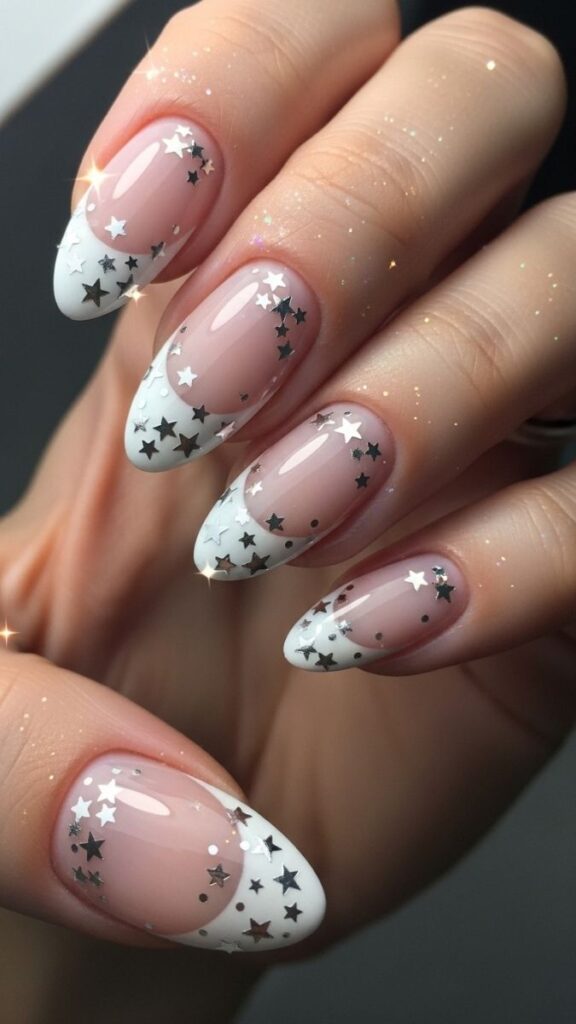 12 White French Tip Nails with Design Ideas That Look Effortlessly Expensive in 2026 18 Star Detail French Tip in White and Silver