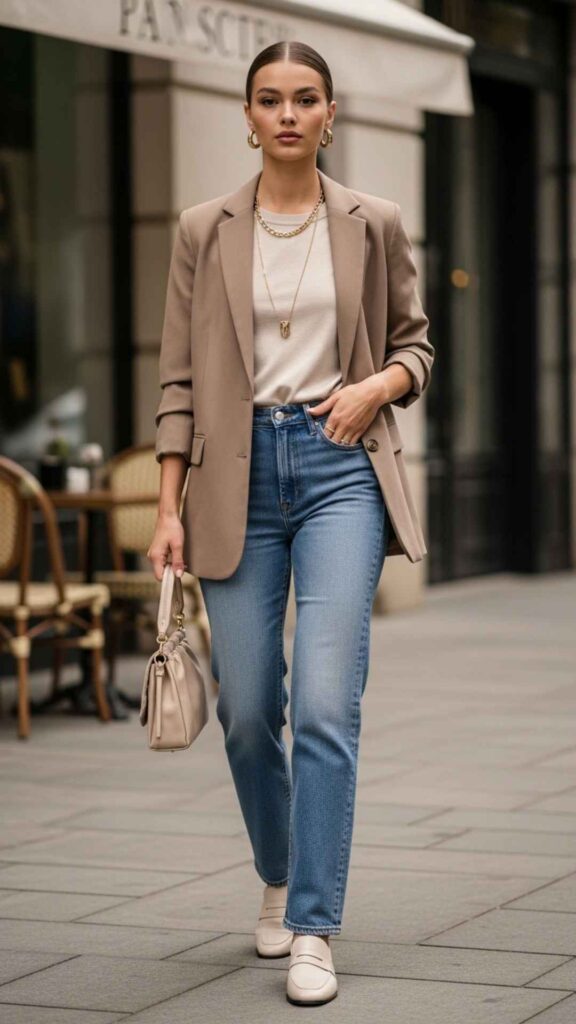 Straight-Leg Jeans, Blazer, and a Delicate Chain Necklace