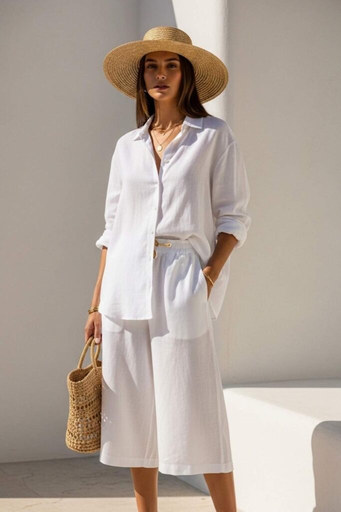 Straw Hat, White Linen Set, and Tan Sandals