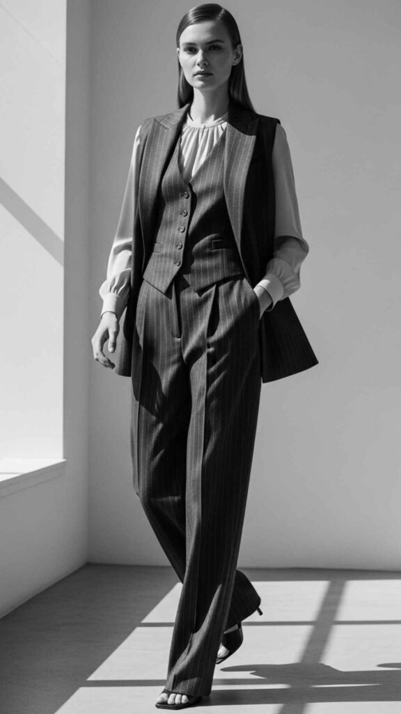Structured Pinstripe Waistcoat with Wide-Leg Trousers and a Blouse