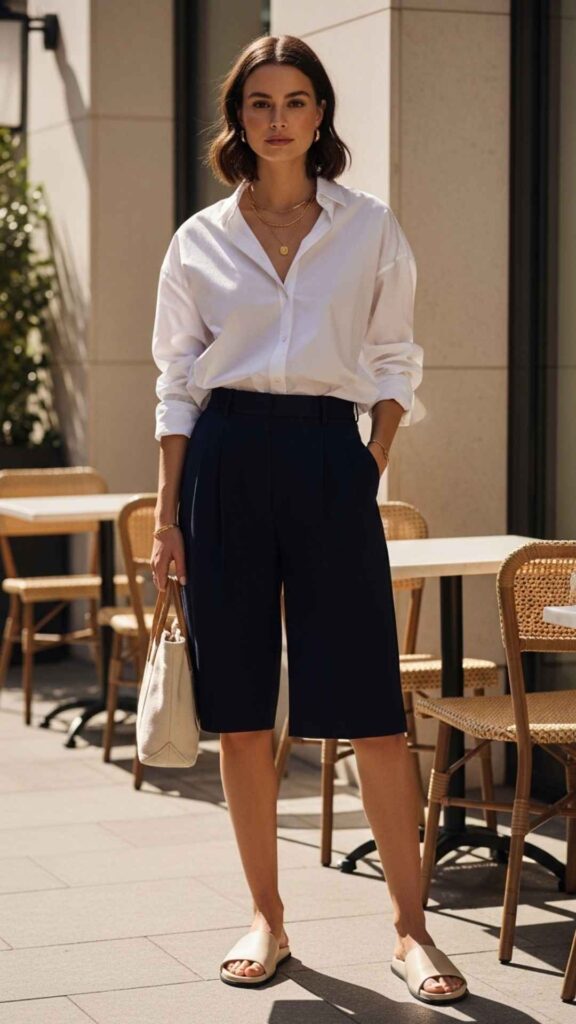 Tailored Bermuda Shorts with a Slouchy Button-Down and Slides