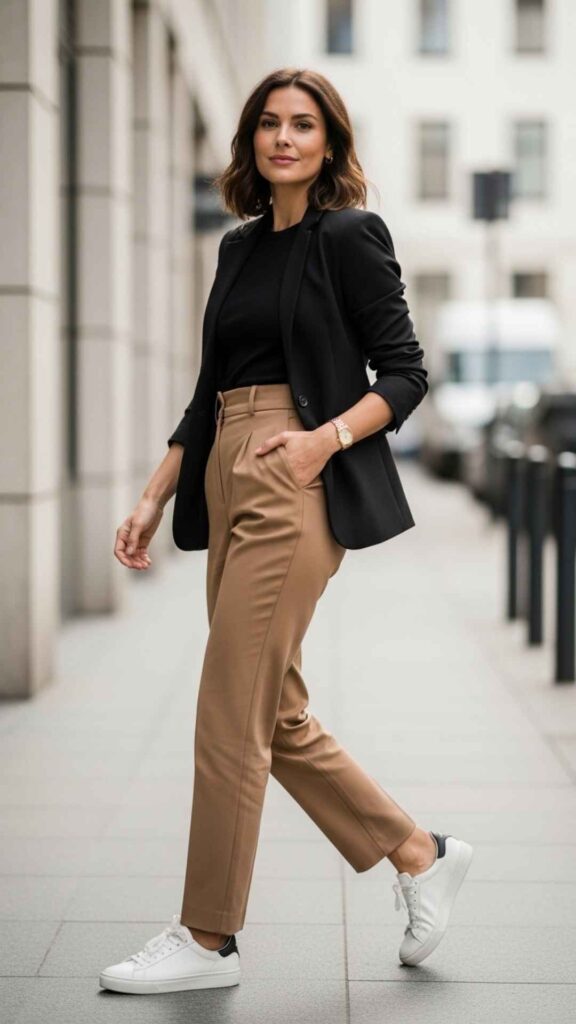 Tan Straight Trousers with a Black Fitted Blazer and White Sneakers