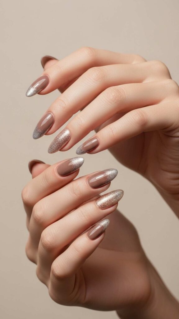 Taupe Nails with a Dip-Dyed Glitter Tip