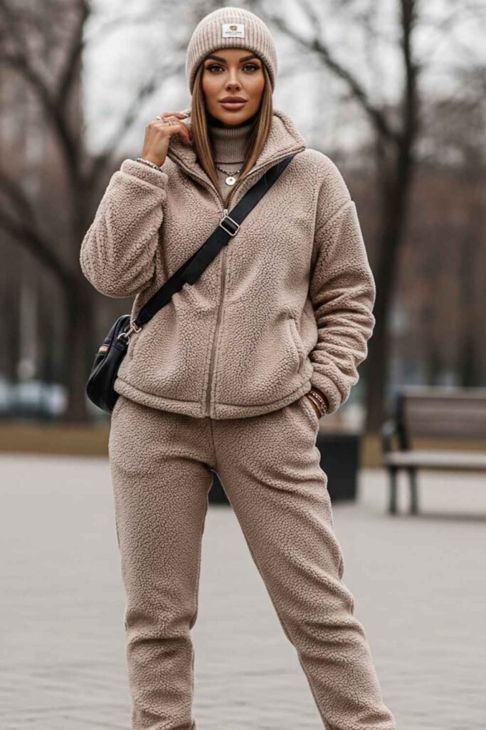 Teddy Fleece Zip-Up With Matching Joggers and Chunky Sneakers