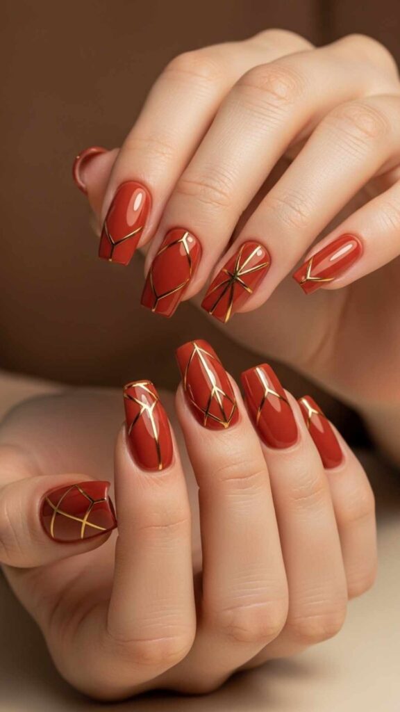 Terracotta and Gold Geometric Nail Art