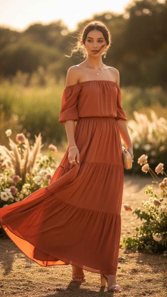 Terracotta Off-Shoulder Maxi with Tiered Skirt
