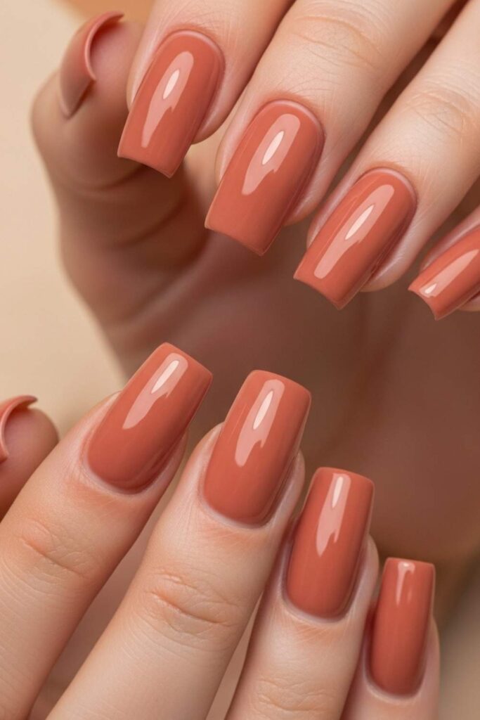 Terracotta Pink on Blunt Square Nails