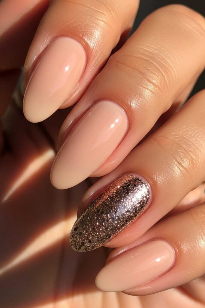 Thin Nude Base with a Single Bronze Accent Nail