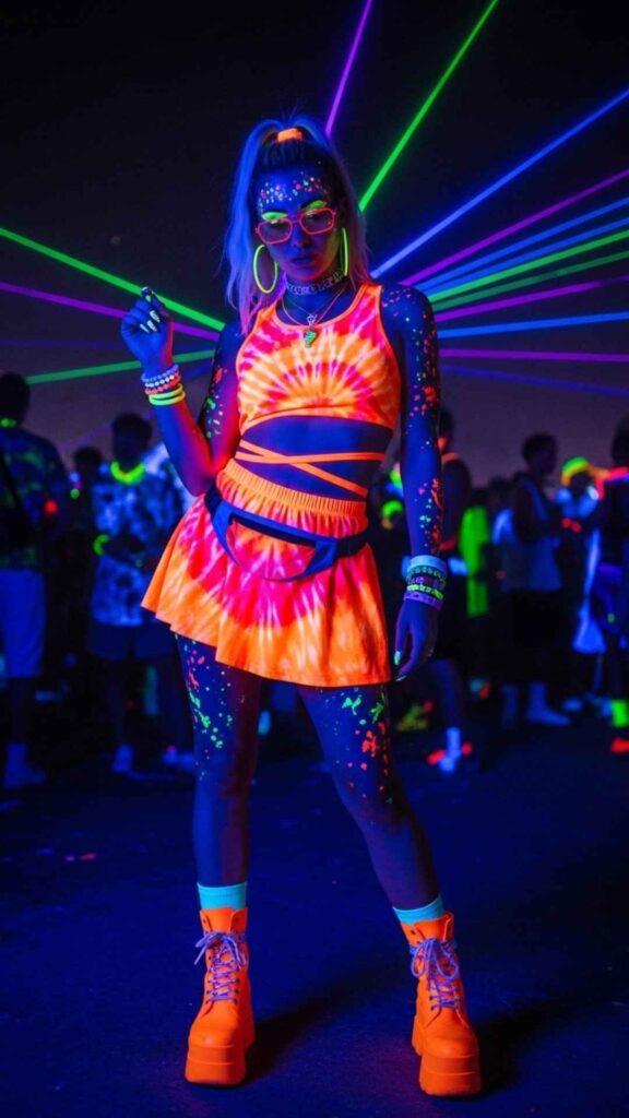 Tie-Dye UV-Reactive Two-Piece Set in Orange and Pink