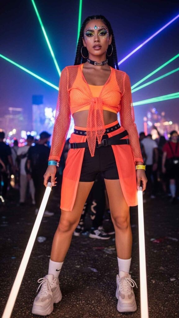 Tie Front Mesh Top in Coral Over a Neon Orange Sports Bra