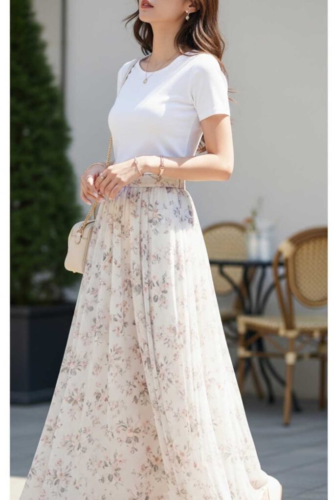 Tiny White Baby Tee with a Maxi Floral Skirt and Ballet Flats