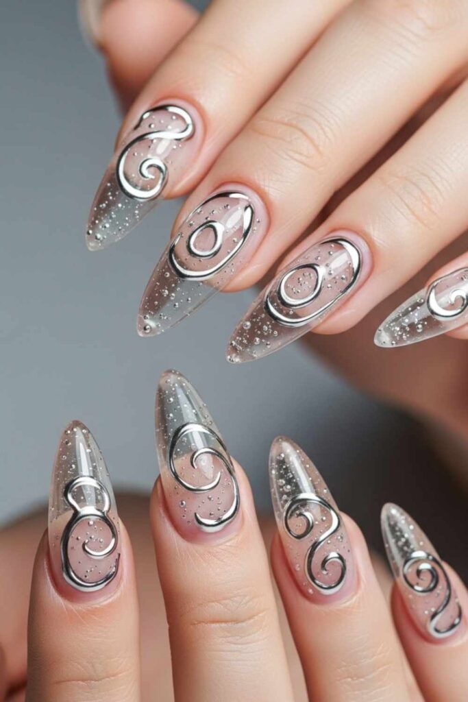 Transparent Glass Nails with Silver Swirls