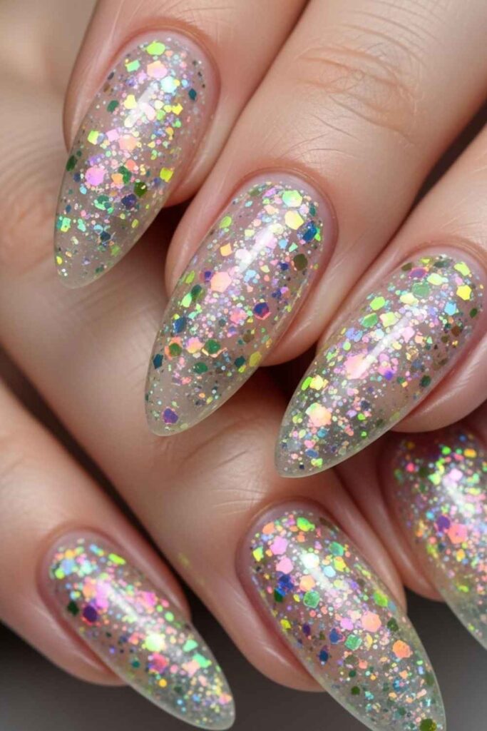 Transparent Glitter Almond with Rainbow Micro-Flakes