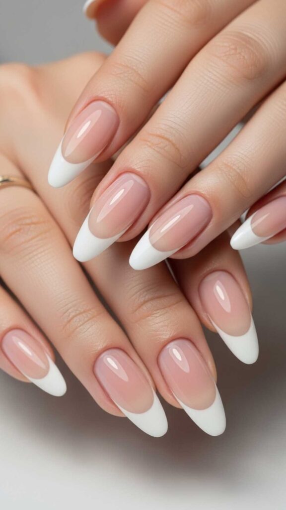 Ultra-Thin White Tips on Long Almond Nails