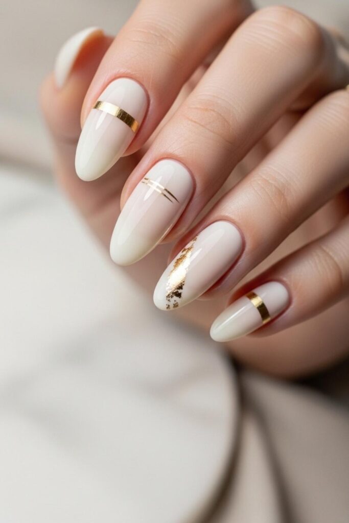 Vanilla Cream Nails with Thin Gold Foil Details