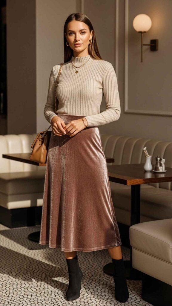 Velvet Midi Skirt + Ribbed Mock Neck