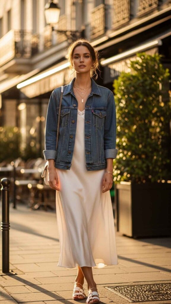 Vintage Denim Jacket Over a Midi Slip Dress