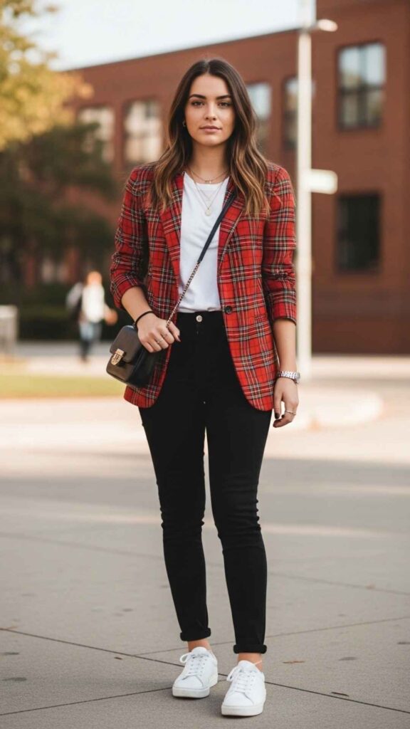 Vintage-Style Red Plaid Blazer with Black Skinny Jeans and White Tee