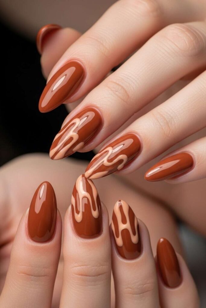 Warm Caramel Nails with a Glossy Drip Effect