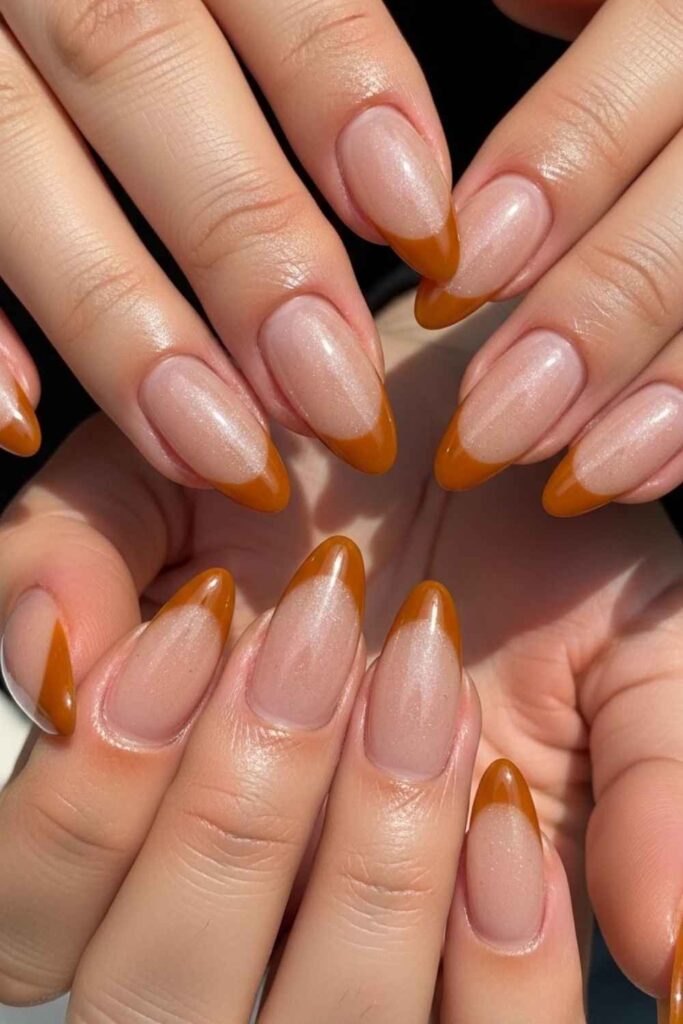 Warm Caramel Tips on Glazed Skin-Tone Nails