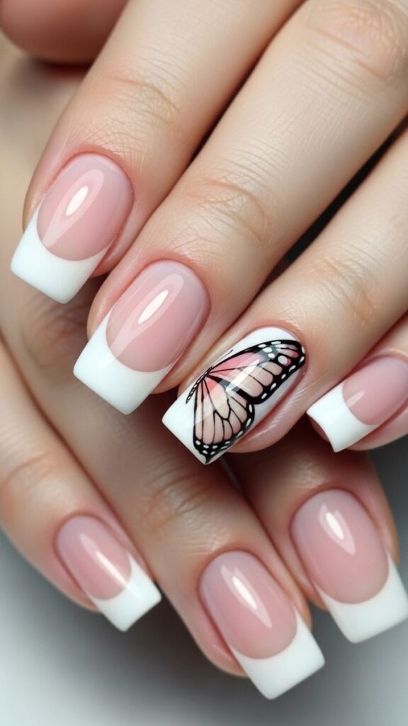 12 White French Tip Nails with Design Ideas That Look Effortlessly Expensive in 2026 14 White French Tip with Butterfly Wing Accent