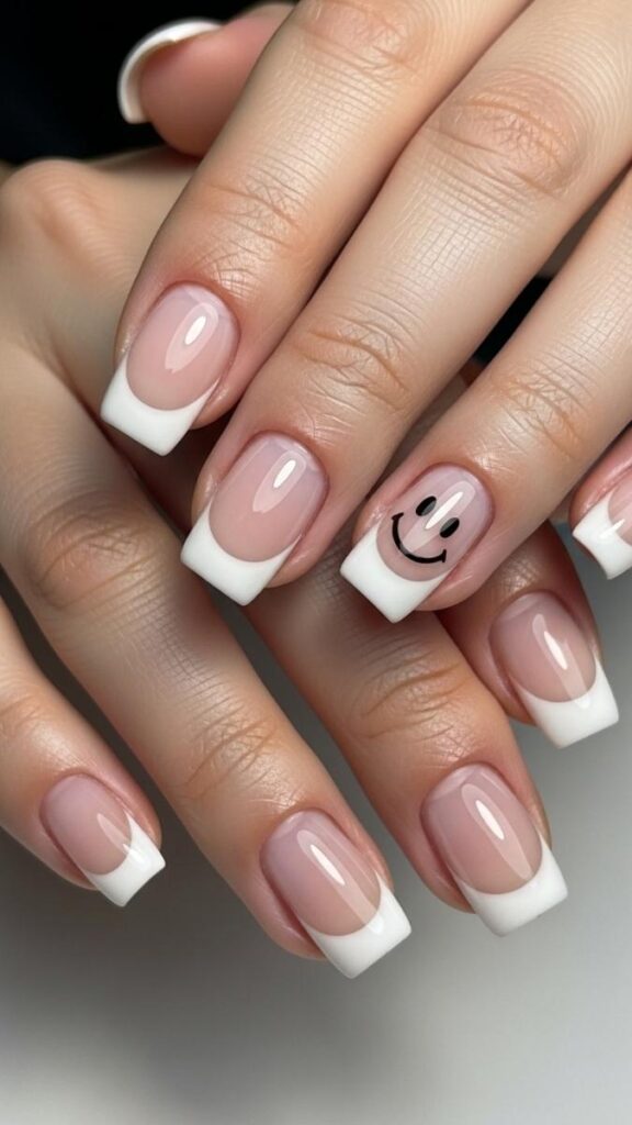 12 White French Tip Nails with Design Ideas That Look Effortlessly Expensive in 2026 29 White French Tip with Smiley Face Detail