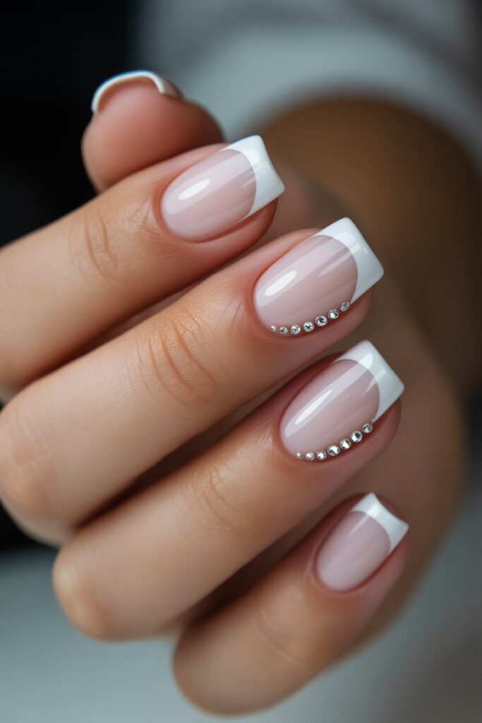 12 White French Tip Nails with Design Ideas That Look Effortlessly Expensive in 2026 6 White French Tips with a Single Rhinestone Row