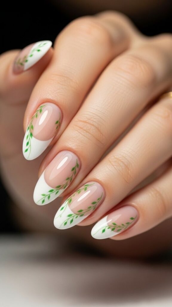 12 White French Tip Nails with Design Ideas That Look Effortlessly Expensive in 2026 22 White French Tips with Vine and Leaf Detail