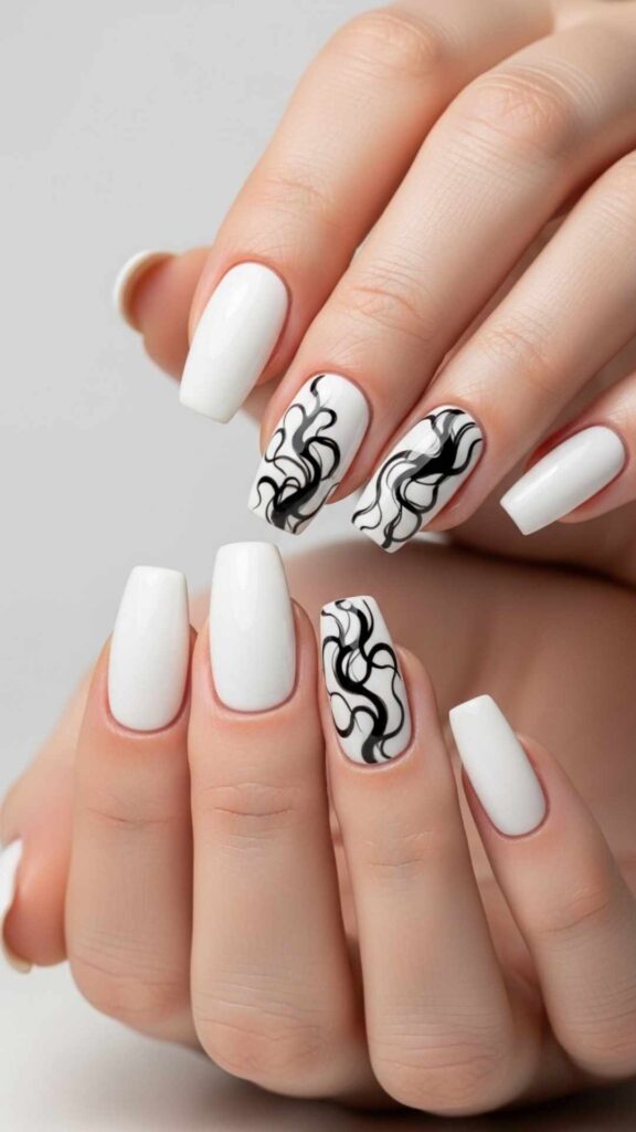 White Gel with Ink Swirl Nail Art