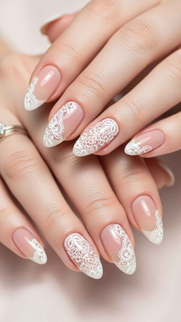 White Lace-Inspired Nail Art on a Nude Base