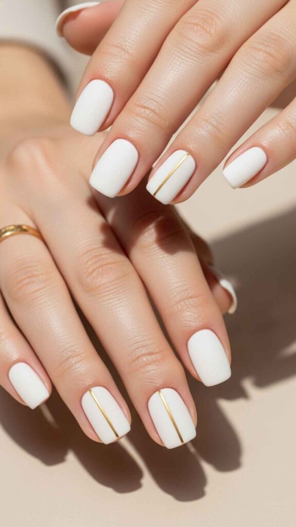 White Linen Nails with a Thin Gold Line Detail