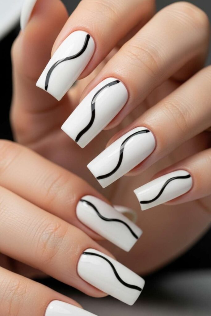 White Nails with Single Minimalist Black Swirl
