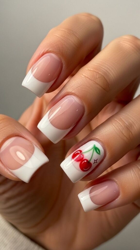 12 White French Tip Nails with Design Ideas That Look Effortlessly Expensive in 2026 20 White Tip with Red Cherry Accent