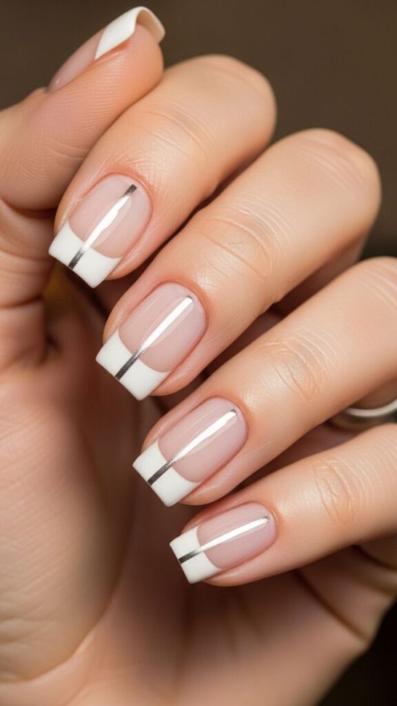 12 White French Tip Nails with Design Ideas That Look Effortlessly Expensive in 2026 31 White Tips with Vertical Stripe Accent