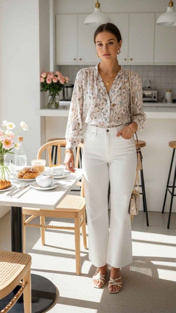 White Wide-Leg Jeans with a Tucked Printed Blouse