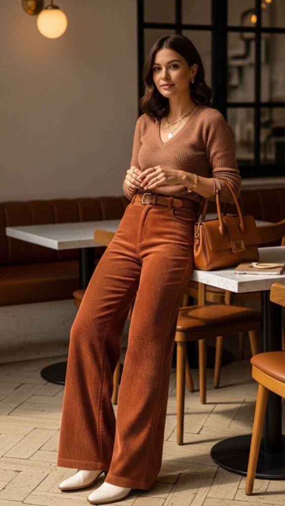 Wide-Leg Cord Trousers in Warm Terracotta