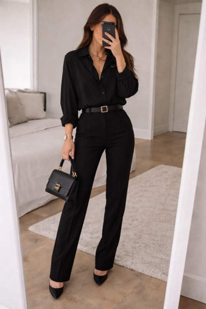34 best Work Office Outfits That Actually Make Getting Dressed in the Morning Worth It 9 All-Black Outfit with a Single Statement Belt