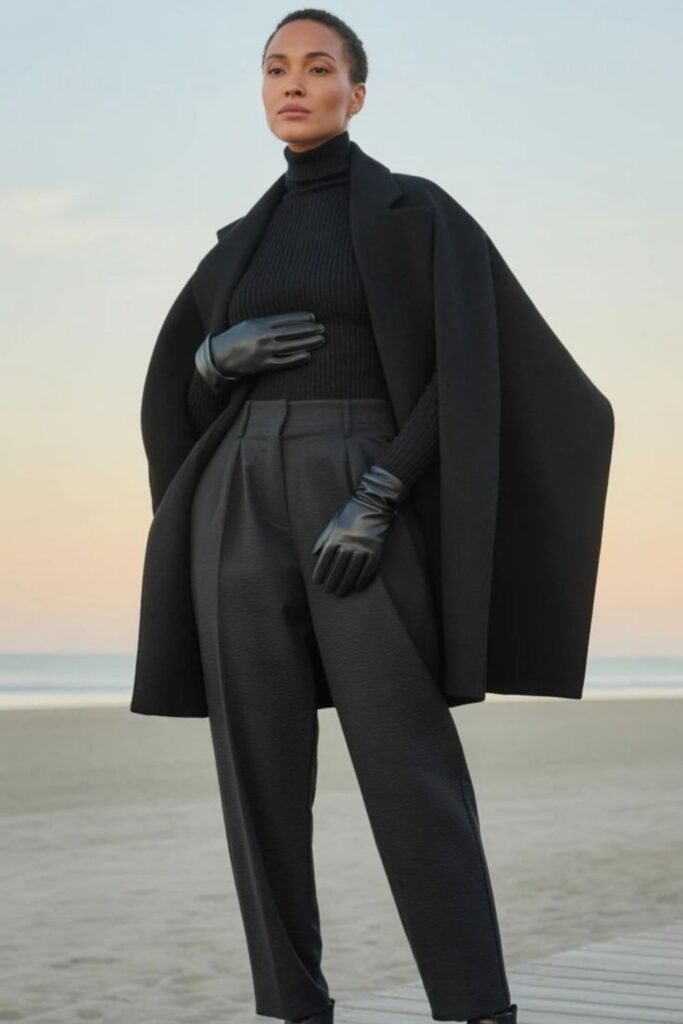 All-Black Winter Uniform: Fitted Turtleneck, Wide-Leg Trousers, Structured Coat, and Leather Gloves