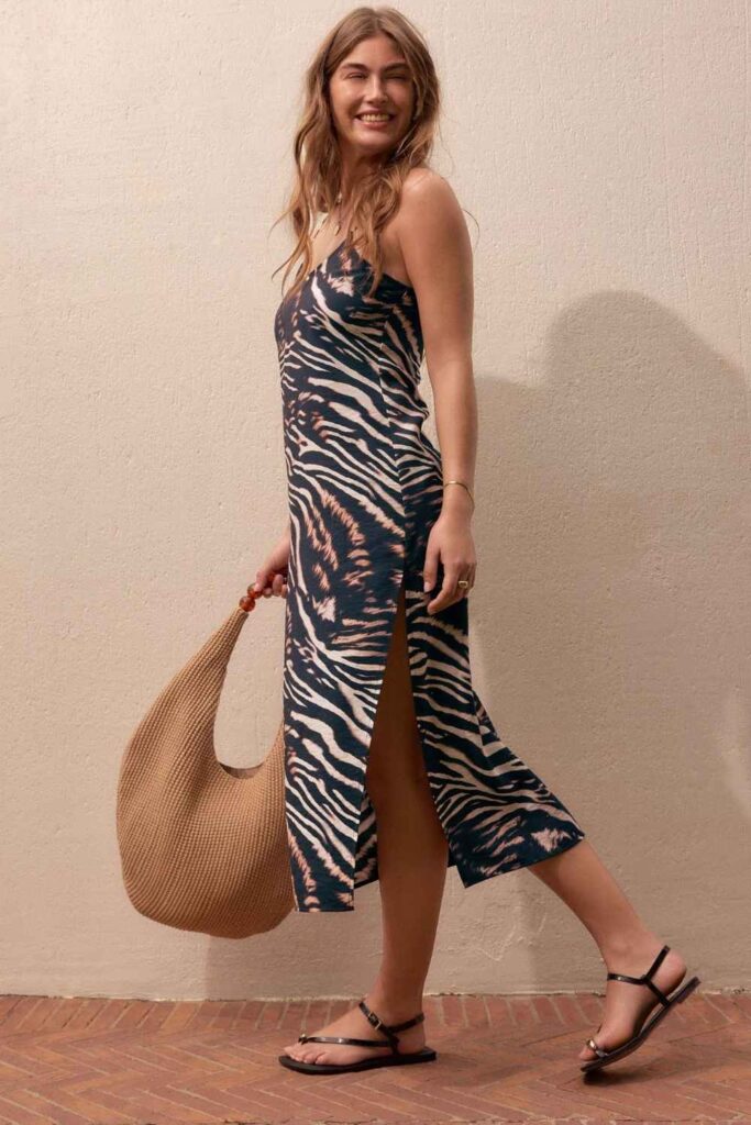 Animal Print Slip Dress with Flat Leather Sandals