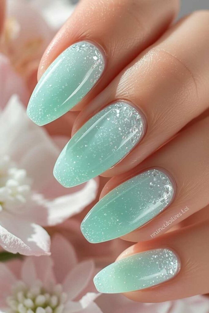 43 Blooming Gel Nail Art Ideas That Look Like They Took Hours (But Didn't) 12 Aqua and Seafoam Bloom with a Holographic Shimmer Top Coat