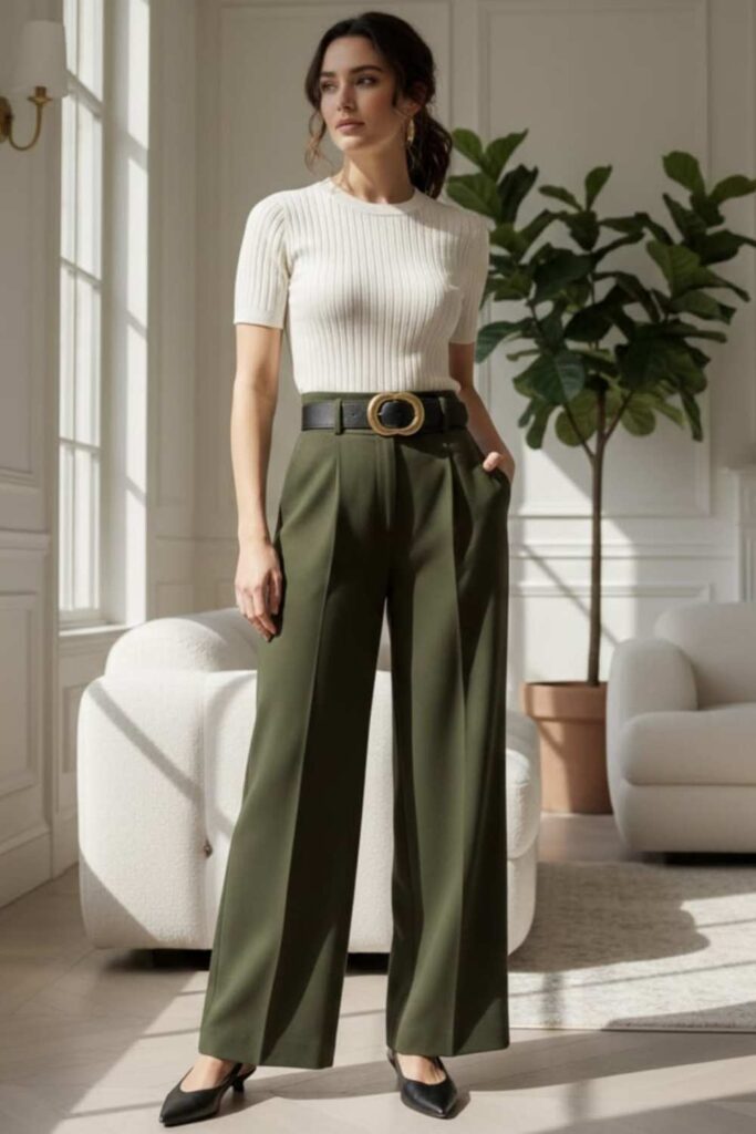 Army Green Straight-Leg Pants with a White Lace-Trim Top