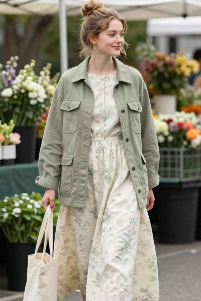 27 Casual Everyday Outfits That Always Look Effortlessly Put-Together 13 Army Green Utility Jacket with a White Midi Slip Dress